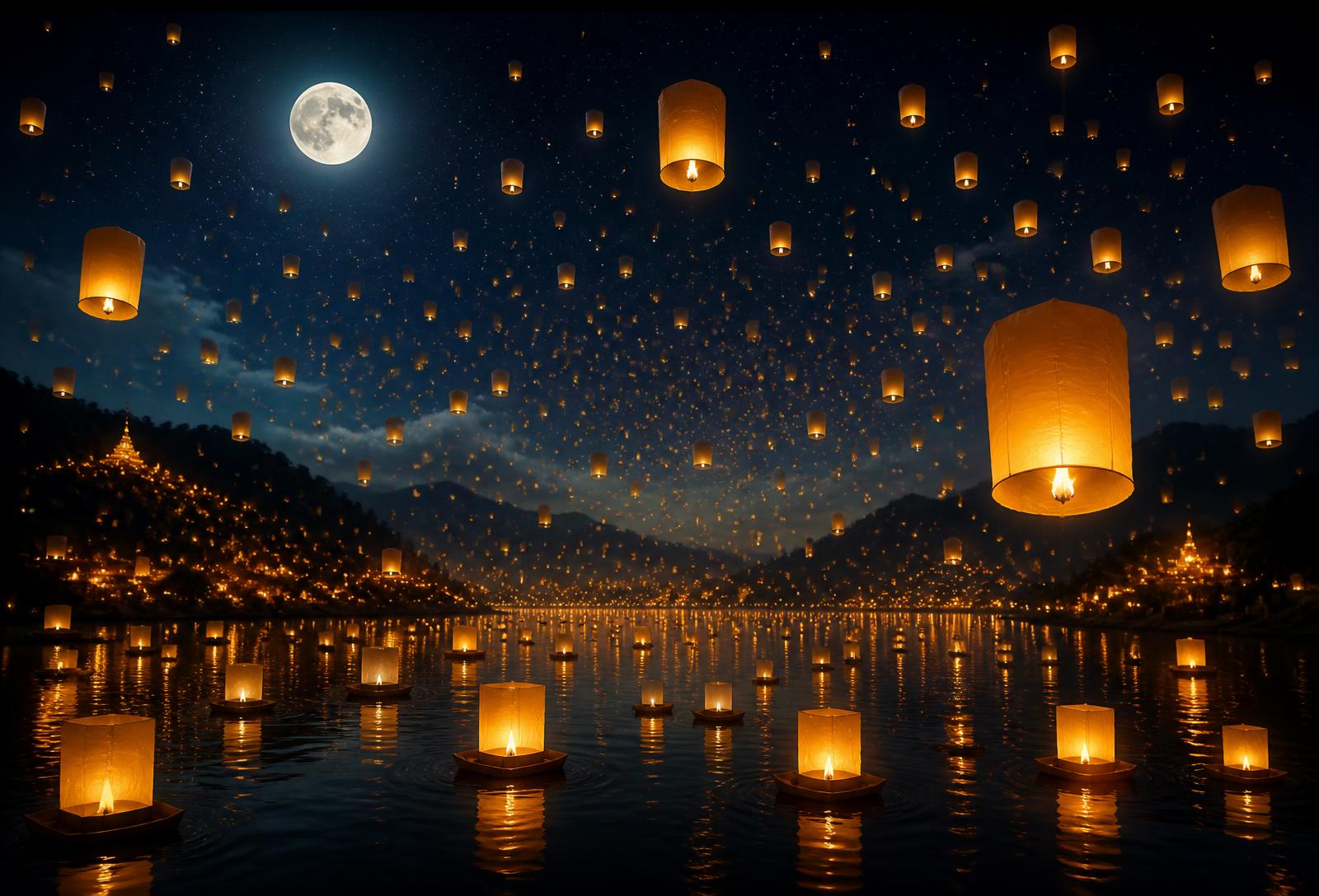 Sky lantern festival over a moonlit lake