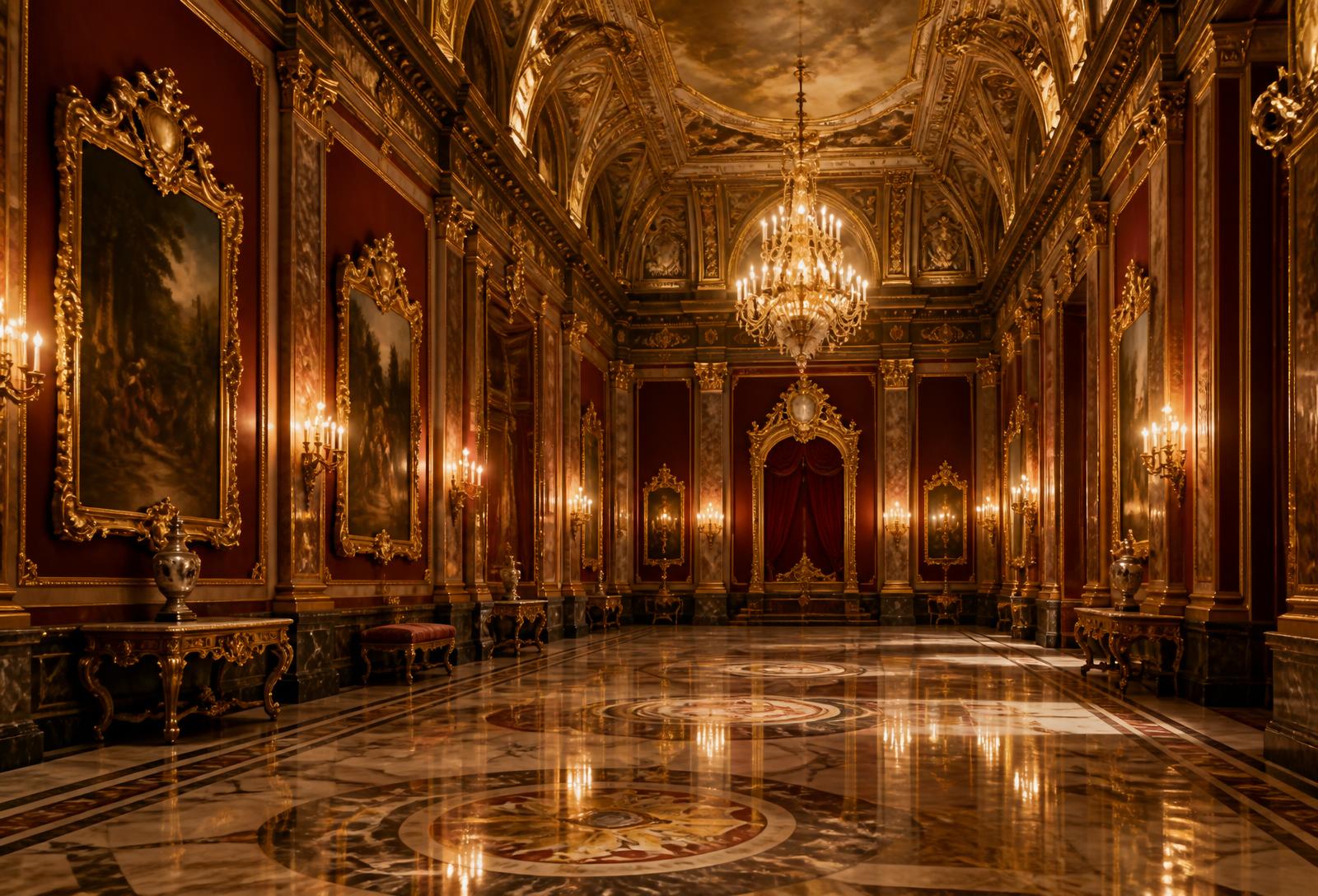 Ornate royal hall with gilded frames and chandeliers